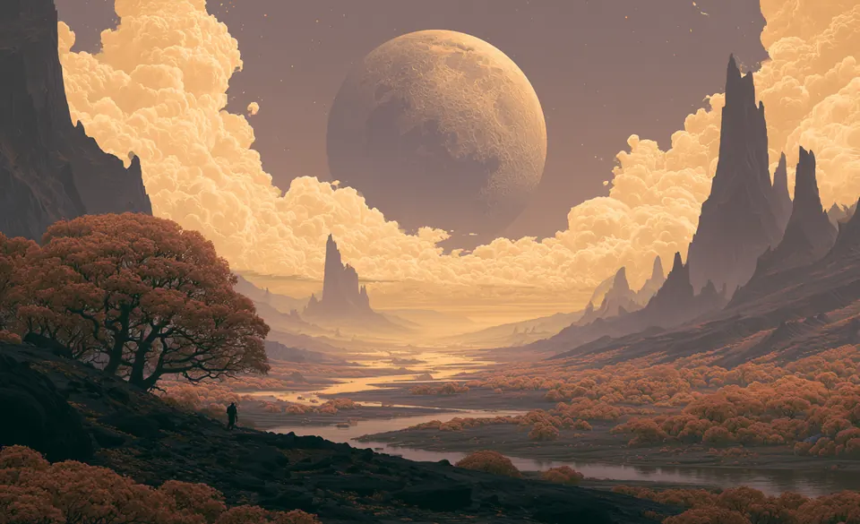 Painterly dusk landscape: an enormous moon rising over jagged rock spires and an autumn-orange valley.