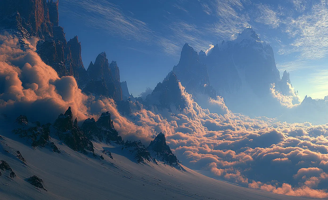 Painterly dawn scene: jagged snow-dusted mountain peaks rising above a glowing sea of orange-lit clouds.