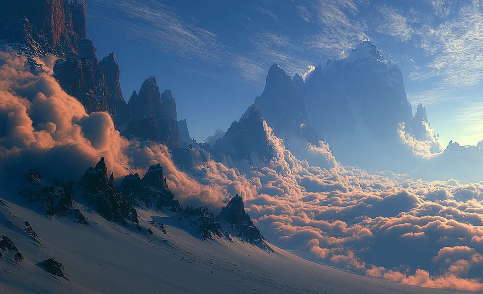Painterly dawn scene: jagged snow-dusted mountain peaks rising above a glowing sea of orange-lit clouds.