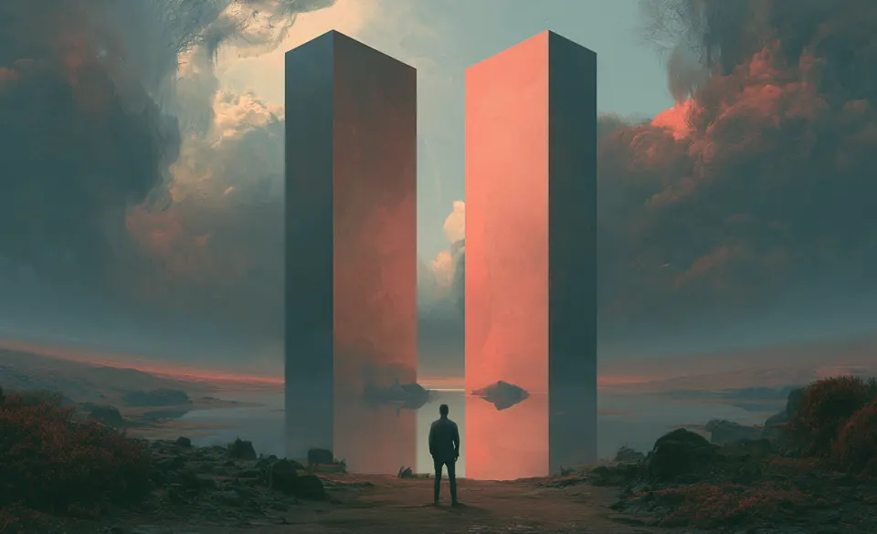 Painterly dusk scene: a lone figure stands between two enormous monolithic towers rising from a rocky valley.